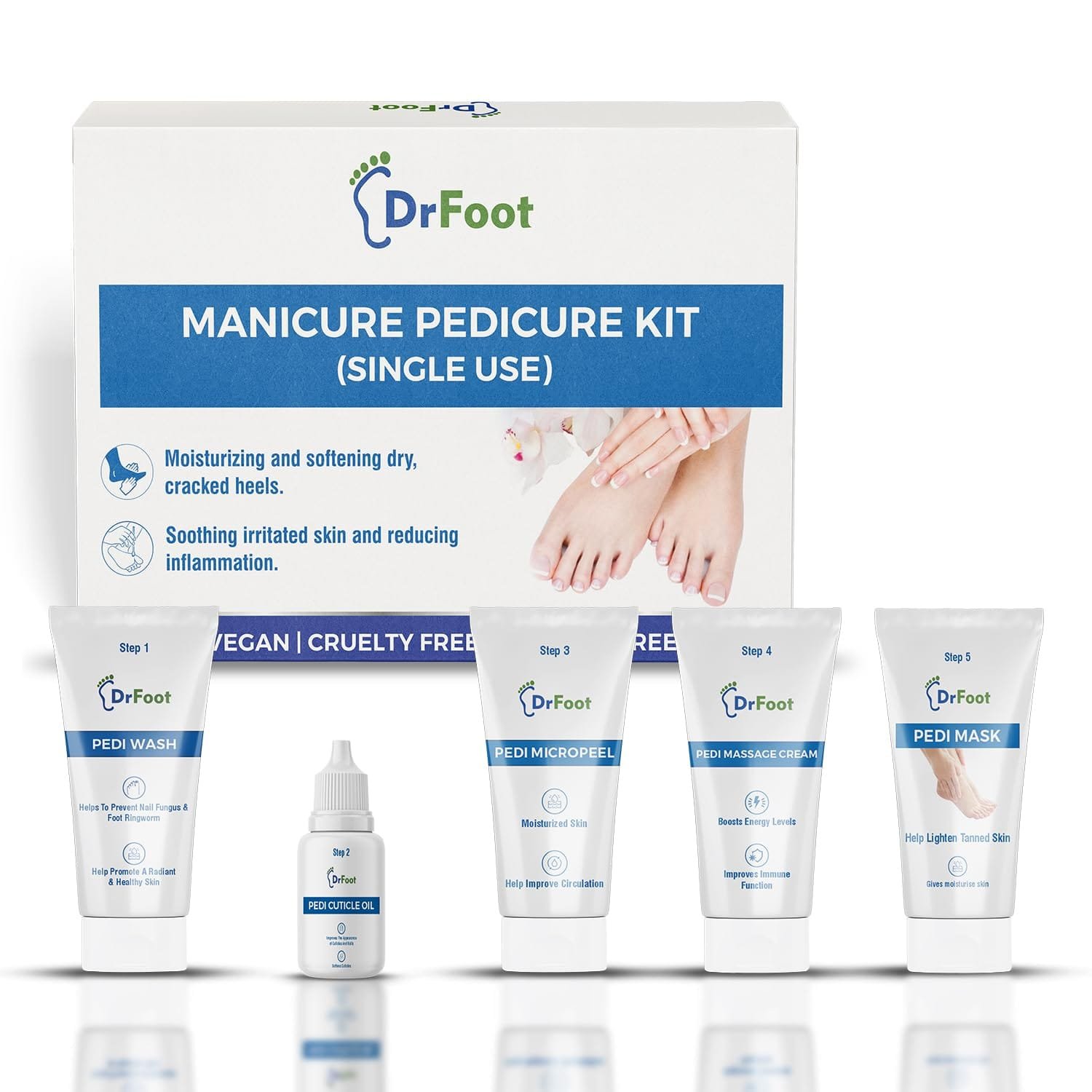 Dr Foot Manicure Pedicure Kit | For Brightens and smoothens skin | Pedi Wash-8 gm | Cuticle Oil-10 ml | Micropeel-8 gm | Massage Cream-8 gm | Pedi Mask-8gm