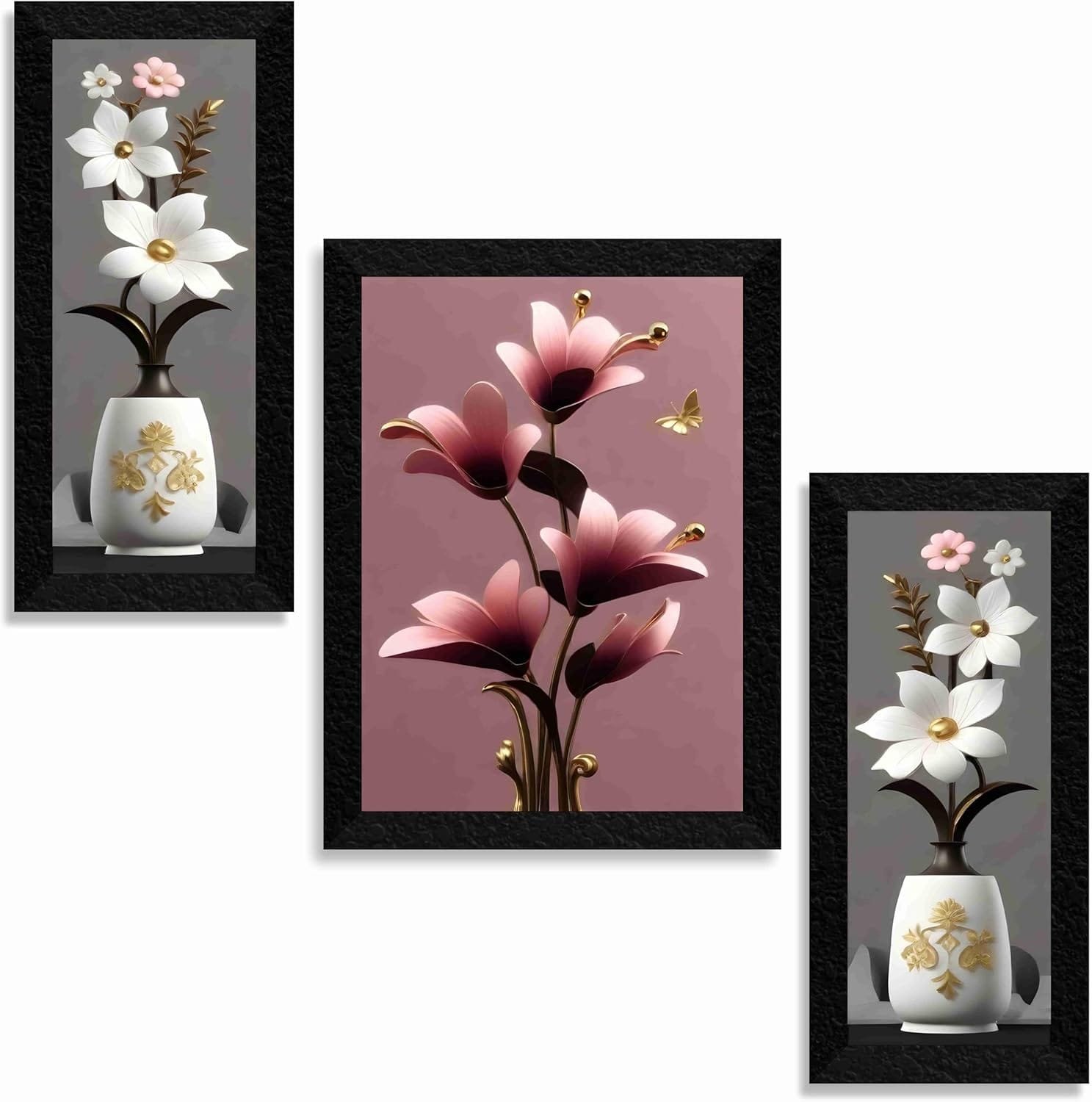 SAF flower pot wall painting for Wall Decoration - Set Of 3, 3d modern art Painting for Living Room Large Size with Frames for Home Decoration, Hotel, Office Paintings 61 cm x 36 cm SANFS36037