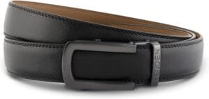 HALDEN Luxury Leather Belts For Men Original (Free Size Fits Up to 44 Inch Waist) Adjustable Ratchet Straps, Unique Magnetic Auto-lock Buckle Mens Belt Formal, Black Belt & Black Matt Buckle, VELLANO