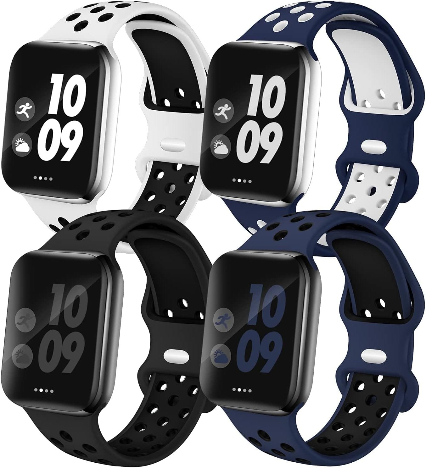 4 Pack Sport Bands Compatible with Apple Watch Band 38mm 40mm 41mm 42mm 44mm 45mm 49mm for Men Women, Soft Silicone Strap Breathable Band for iWatch Series 9 8 7 6 5 4 3 2 1 SE/Ultra, Nike+
