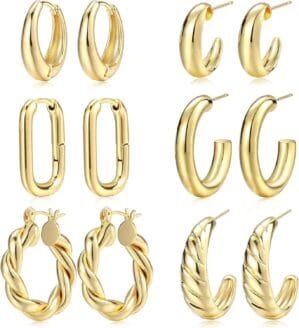 Gold Hoop Earrings Set for Women, 6 Pairs 14K Gold Plated Lightweight Hypoallergenic Chunky Open Twisted Hoops Earrings Pack Jewelry