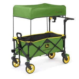 Bright Starts John Deere Pop ‘N Ride Stroller Wagon, Foldable with Sun Shade 50+ SPF Protection, Seats 2 Kids at Once, Green & Yellow Unisex