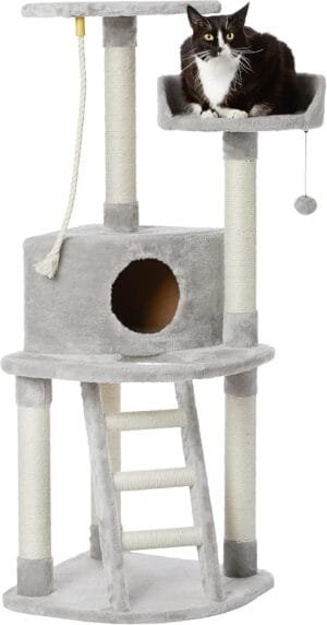 Amazon Basics Cat Condo Tree Tower With Scratching Post And Step Ladder – 19 x 19 x 52 Inches, Light Grey