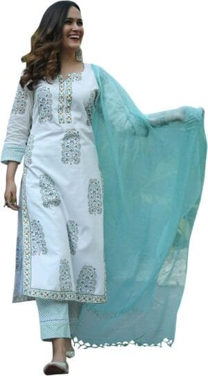 Pure Cotton Printed Straight Kurta With Pant & Dupatta Set