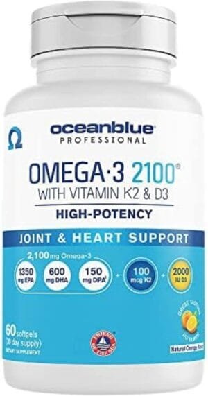 Oceanblue Professional Omega-3 2100 with Vitamin K2 and Vitamin D3-60 Count – Triple Strength Burpless Fish Oil Omega-3 Supplement with EPA, DHA & DPA – Wild Caught – Orange Flavor, 30 Servings