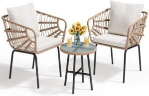 YITAHOME 3-Piece Outdoor Wicker Patio Conversation Bistro Set, All-Weather Furniture Set with Table & Cushions, Outdoor Sectional Sofa for Balcony, Backyard, Deck, Beige