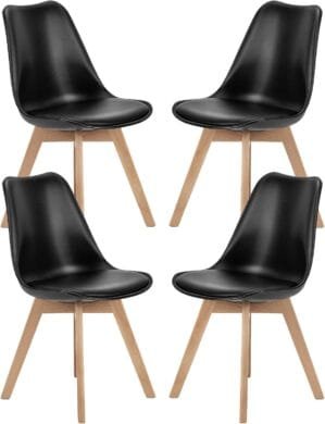 Sweetcrispy Dining Chairs, Dining Chairs Set of 4, Dining Room Chairs, Kitchen Chairs, Mid Century Modern Chairs, PU Leather Upholstered Chairs with Wood Legs, Kitchen Dining Room Chairs, Black
