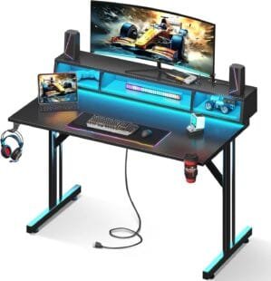 MOTPK 40 inch Gaming Desk with LED Lights & Power Outlets, Small Computer Gaming Table with Float Monitor Stand, Kids Boys Desk with Carbon Fiber Texture