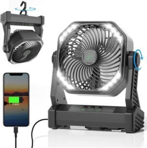 Camping Fan with LED Light, 20000mAh Rechargeable Battery Operated Camp Fan with Hook, 270° Pivot, 4 Speeds, USB Table Fan for Camping, Fishing, Power Outage, Barbecue, Jobsite