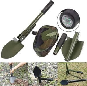 Hovico Military Portable Folding Shovel and Pickax, Small Compact Pickaxe with Carrying Pouch, Military Entrenching Survival Multitool for Camping, Hiking, Backpacking, Pouch Included – Green