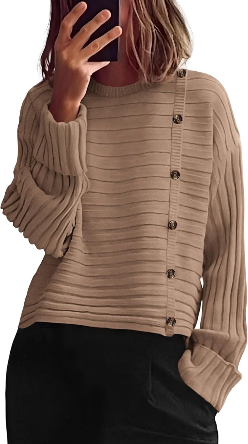 PRETTYGARDEN Womens Sweaters Fall 2025 Casual Long Sleeve Crewneck Button Loose Winter Knit Pullover Sweater Tops