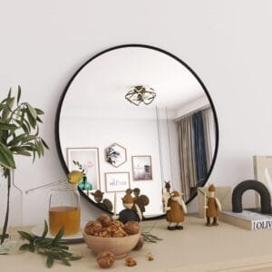Lucid High Definition Round Shape Wall Mirror With Black Metal Frame For Living Room || Bedroom || Bathroom, Home & Decor with Hanging Stripes (Black Frame,24 Inch)
