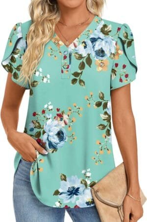 HOTGIFT Womens Blouse 2025 Summer Short Sleeve V Neck Buttons Chiffon Tops M-3XL