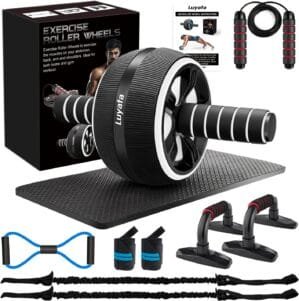 Ab Roller Wheel, 10-In-1 Ab Exercise Wheels Kit with Resistance Bands, Knee Mat, Jump Rope, Push-Up Bar – Home Gym Equipment for Men Women Core Strength & Abdominal Exercise