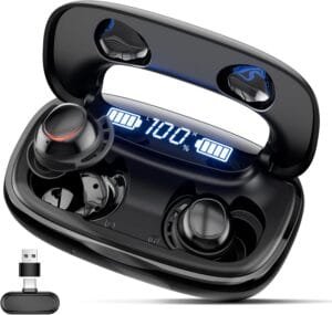 IAMJOY Wireless Gaming Earbuds, 20ms Low Latency, Gaming Earbuds with LED Display, 90H Play Time, 2.4GHz & Bluetooth, Game Earbuds with Mic Compatible with Meta Quest, PS5/4, VR, Switch, PC