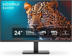 KOORUI 24-inch Monitor 120Hz, Full HD 1980 * 1080p IPS Ultra-Thin Computer Monitor with Adaptive Sync, VESA 100 * 100mm Mountable,Tilt Adjustable,HDMI & VGA Ports,Black, E2411H