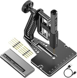 AM ARROWMAX Mini Electric Drill Pen with Benchtop Press, 5-Speed, 10 Small Drill Bits with Aluminium Box, LED Lights, OLED Display, Resin Drill Set For Jewelry Making, Plastic, Wood (SDS PLUS)