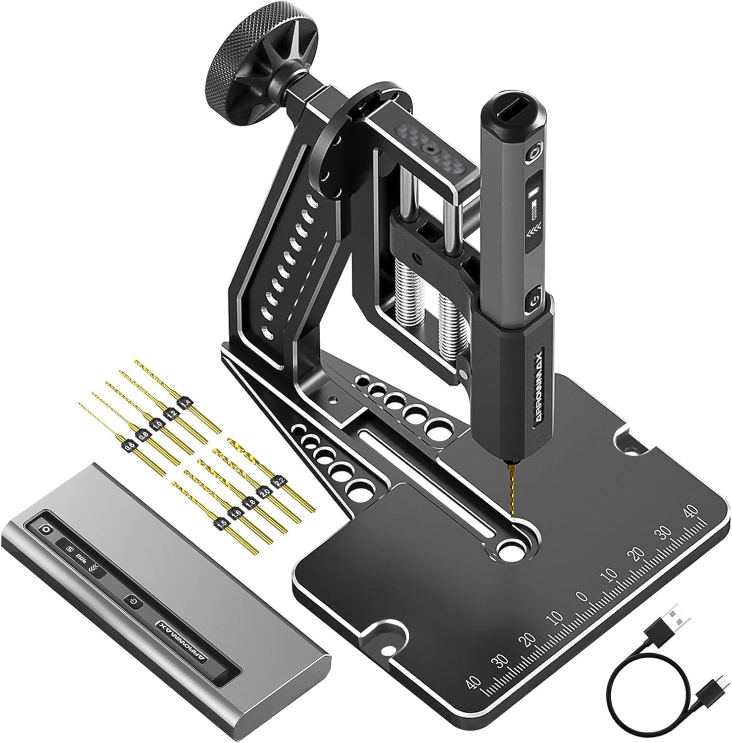AM ARROWMAX Mini Electric Drill Pen with Benchtop Press, 5-Speed, 10 Small Drill Bits with Aluminium Box, LED Lights, OLED Display, Resin Drill Set For Jewelry Making, Plastic, Wood (SDS PLUS)