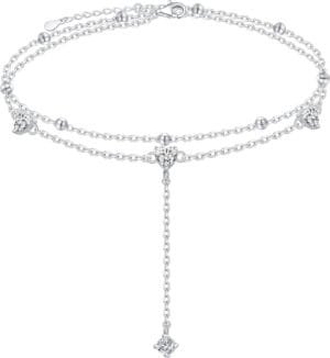 925 Sterling Silver Ankle Bracelet for Women Heart Multilayer Anklets Dainty Beaded Chain Adjustable 9+1 Inches for Summer Cute Beach Foot Jewelry