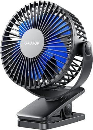 Gaiatop Portable Clip on Fan Battery Operated, Small Powerful USB Table Fan, 3 Speed Quiet Rechargeable Mini Desk Fan, 360° Rotate Personal Cooling Fan for Home Office Stroller Camping Black Blue