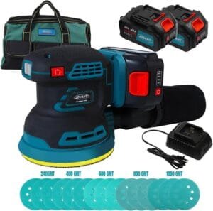 Orbital Sander with 2x20V 4Ah Batteries and 1xCharger,5 inch Variable Speed Cordless Orbital Sander, Brushless Motor Cordless Palm Sander for Woodworking, Sanding, Polishing-JOVANT
