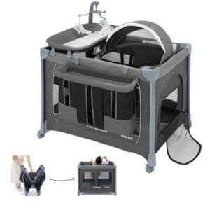 Pamo Babe 4-in-1 Baby Playard, Deluxe Magic Fold Playpen, Play Yard with Zip Door & Changing Table & Mobile