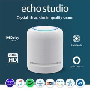 Like-New Amazon Echo Studio (newest model), Our best-sounding Alexa speaker, Perfect for living rooms, family rooms, and other large spaces, Glacier White