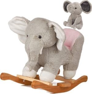 Baby Rocking Horse Wooden Rockers with Seat Elephant Rocking Horse Ride Plush Stuffed Animals Toy -Set of 2, Boy Girl Kids Ride on Toys for 10 Months to 3 Years Old, 25″ Lx10 Wx16 H, Gray