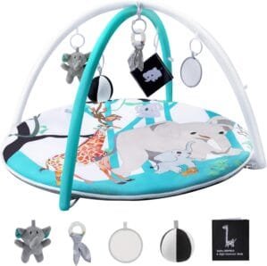 Baby Play Gym Activity Mat,Baby Gyms & Playmats for Babies 0 to 3 6 9 12 Months,Tummy Time Mat with 5 Toys for Stage-Based Sensory & Motor Skill Development Elephant