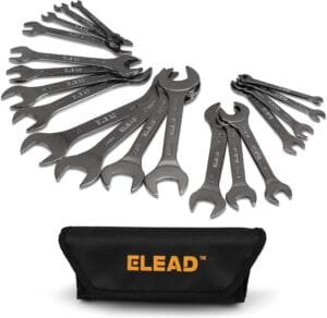 ELEAD Super-Thin Open End Wrench Set | 19-Piece SAE & Metric Sizes | CR-V Nickel Plated | Ultra-Slim Design | Corrosion-Resistant | Durable Roll-Up Pouch for Mechanics