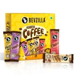 Bevzilla Instant Coffee Powder – 60 Sachets | Turkish Hazelnut, Colombian Gold, French Vanilla & English Butterscotch | 15 Sachets Each Flavour| Makes 60 Cups| 100% Arabica Coffee| Strong Coffee