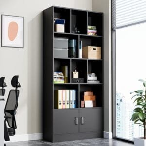 Cozy Castle 70″ Tall Black Bookshelf with 12 Cubes and 2 Doors, 4-Tier Open Shelf Bookcase with Cabinet, Modern Cube Storage Organizer for Living Room, and Office