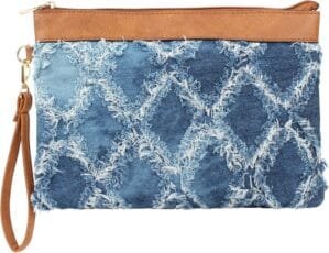 Women Denim Wristlet Clutch Purses Wallet Envelope Handbag PU Leather Quilted Distressed Zipper Satchel