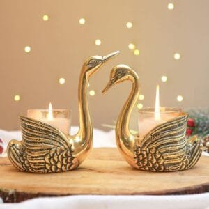 Metal Pair of Swans for Good Luck and Love | Candle Holder for Home Decor Tabletop Living Room Office | Showpiece Vastu Statue for Gifting (Candles/Plants etc not Included) Golden Pack of 2