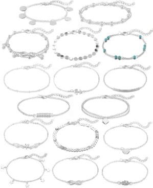 Softones 16Pcs Ankle Bracelets for Women Gold Silver Two Style Chain Beach Anklet Bracelet Jewelry Anklet Set,Adjustable Size