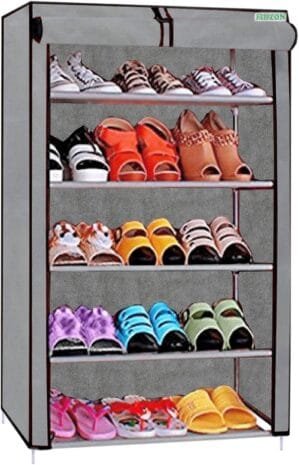 Premium 5-Tiers Shoe Rack/Multipurpose Storage Rack with Dustproof Cover (Grey)