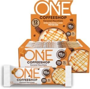 ONE Coffee Shop Protein Bars + Caffeine, Caramel Macchiato, Gluten Free with 20g and only1g Sugar, Guilt-Free Snacking for High Diets, 12 Count (Pack of 1)