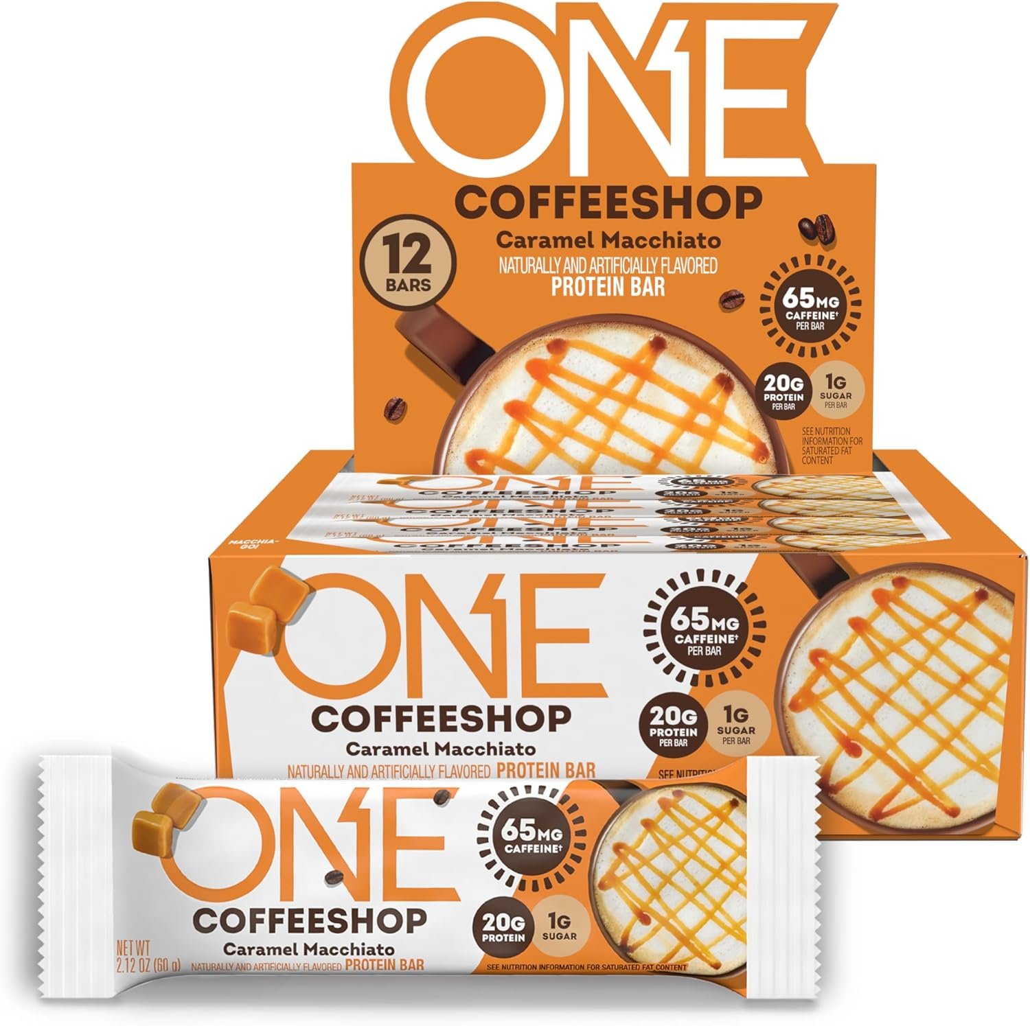 ONE Coffee Shop Protein Bars + Caffeine, Caramel Macchiato, Gluten Free with 20g and only1g Sugar, Guilt-Free Snacking for High Diets, 12 Count (Pack of 1)