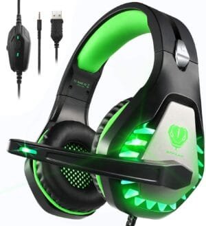 Pacrate Gaming Headset with Microphone for PC, PS4, PS5, Switch, Xbox Series X/S, Noise Cancelling Gaming Headphones with LED Lights for Kids Adults, Black Green