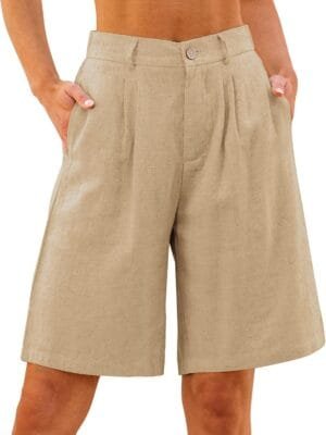 luvamia Bermuda Shorts for Women High Waisted Linen Dressy Casual Pleated Wide Leg Summer Shorts with Elastic Waist