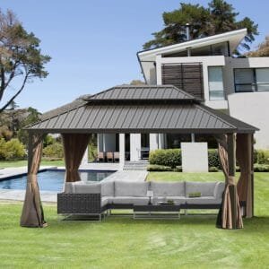 Domi 10’x14′ Hardtop Gazebo Canopy Metal,Outdoor Aluminum Gazebo with Galvanized Steel Double Roof,Curtain and Netting,Permanent Pavilion for Patio Deck,Backyard