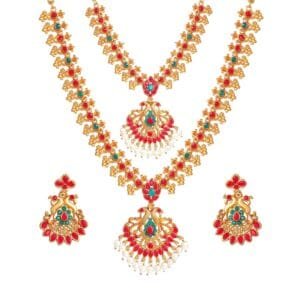 Gold Plated Sublime Devotion Nakshi Antique Necklace Set with Colored Stones & Pearls for Women, Dull Gold