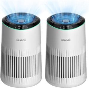 MORENTO Air Purifiers for Home, Air Purifier for Smoke Pet Dander Odors with Fragrance Sponge, Small Air Purifier with Sleep Mode for Bedroom Office, Blue Ambient Light, MR2566, White, 2 Pack