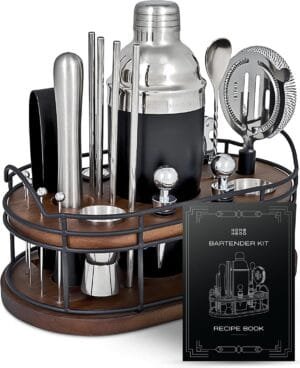 Home Hero Elegant 22-Piece Bartender Kit with Wooden Stand, Premium Bar Set & Cocktail Shaker, Gift for Home Bar and Cocktail Enthusiasts, Essential Bar Accessories with Recipe Book (22 Pcs – Silver)