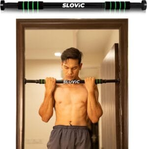 Slovic Pull-Up Bar for Home Workout | Non-Slip Carbon Steel Gym Bar (Load Capacity: 100 Kg) | Adjustable in Length, Mountable Door Bar with Foam Pads & Rubber Stoppers | Black, Size: 62 – 100cm