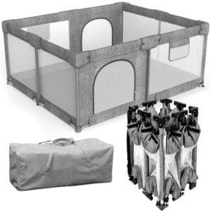 Dearlomum Foldable Baby Playpen with Gate, Extra Large Collapsible Play Yard for Babies & Toddlers, Portable Travel Playpen, Baby Activity Center for Indoor & Outdoor Use (Gray 59″×71″)
