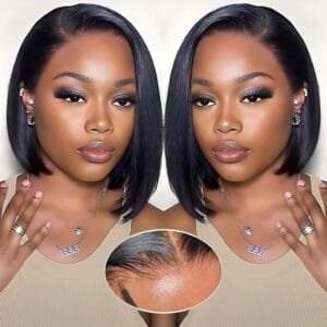 Wear and Go Glueless Bob Wig Human Hair Pre Plucked Pre Cut 180% Density 5×5 HD Transparent Lace Front Wigs Human Hair for Black Women Short Straight Bob Wigs No Glue Lace Closure Wigs 10 Inch