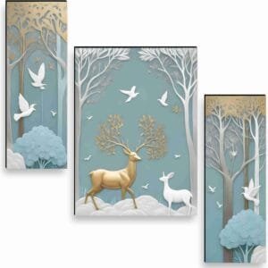 SAF deer Paintings for Wall Decoration – Set Of 3, 3d modern art Painting for Living Room Large Size with Frames for Home Decoration, Hotel, Office painting 50.8 cm x 30.48 cm SANFJM36036