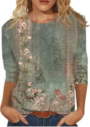 Womens 3/4 Length Sleeve Tops Crew Neck Basic Tees Shirts Casual Loose Fit Blouses