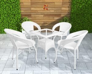Garden Patio Seating Chair and Table Set Outdoor Balcony Garden Coffee Table Set Furniture with 1 Square Table and 4 Chairs Set (White)